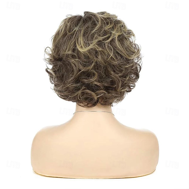 Wig Natural Wave Asymmetrical With Bangs Wig Short Grey Synthetic Hair Women's Classic Dark Gray Short Curly Mixed Brown Wigs for Women Layered4