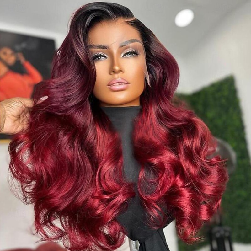 Unprocessed Virgin Hair 13x4 Lace Front Wig Free Part Brazilian Hair Wavy Burgundy Wig 130% 150% Density Ombre Hair 100% Virgin Pre-Plucked For Women Long Human Hair Lace Wig2