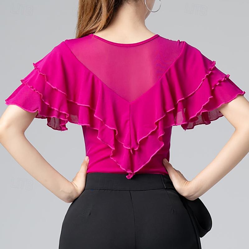 Latin Dance Ballroom Dance Leotard / Onesie Ruffles Pure Color Splicing Women's Performance Training Short Sleeve High Cotton Blend3