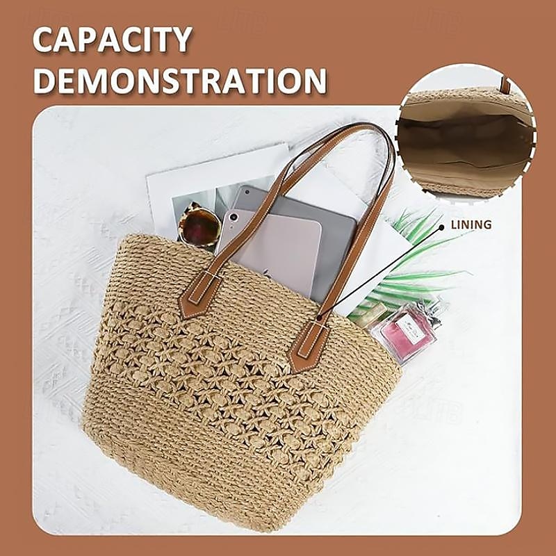 Women's Tote Beach Bag Straw Bag Straw Outdoor Holiday Beach Zipper Large Capacity Solid Color off white khaki4