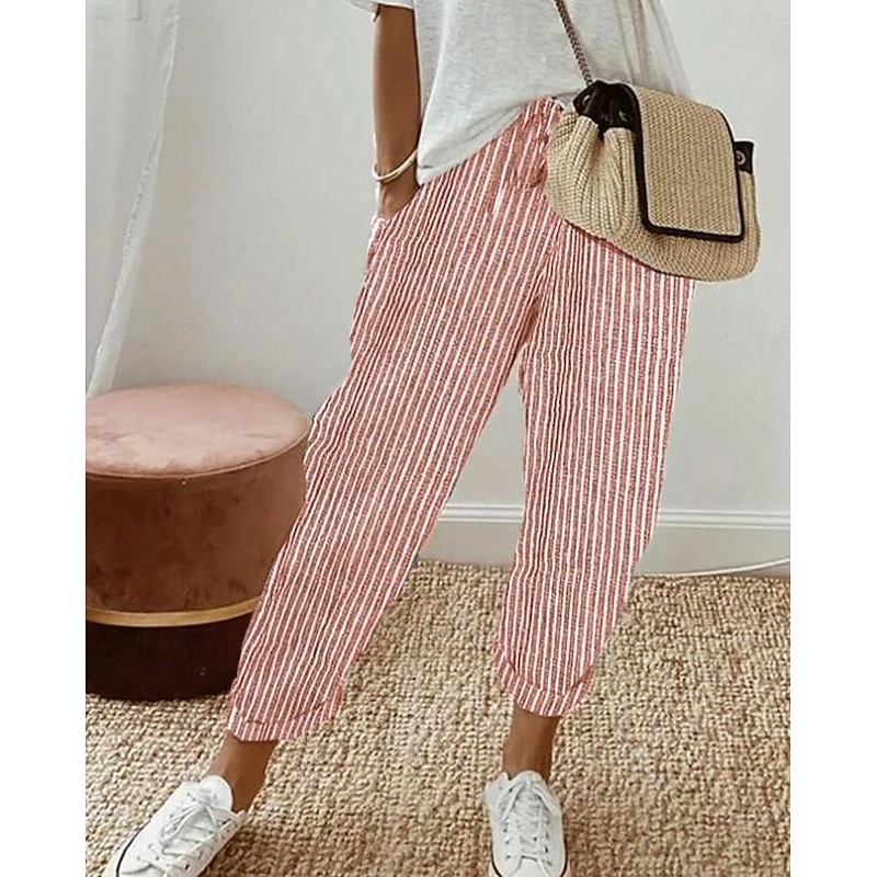 Women's Pants Trousers Casual Daily Ankle-Length Striped Drawstring Side Pockets Breathability Comfortable Inelastic Weekend Black Spring & Summer Regular Fit2