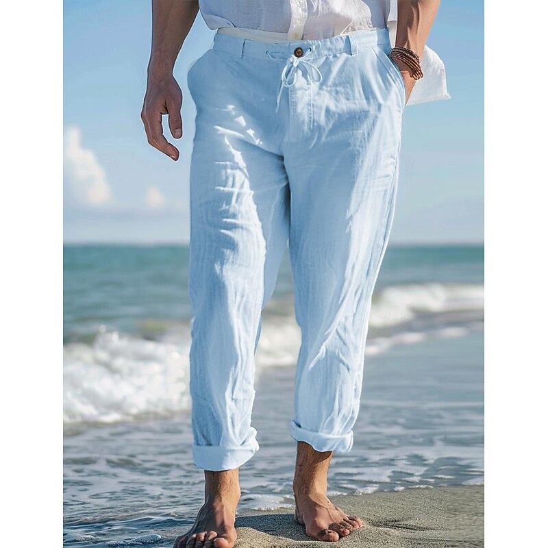Men's Linen Pants Trousers Summer Pants Beach Pants Front Pocket Straight Leg Plain Comfort Breathable Casual Daily Holiday Fashion Basic White Sky Blue 5