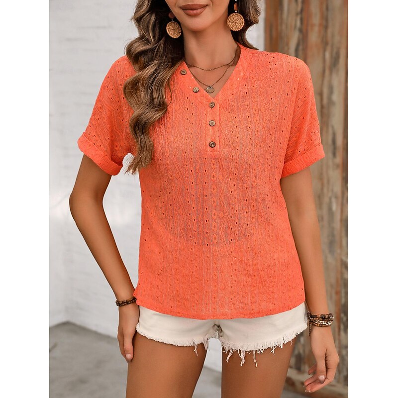 Women's White Elegant Lace Tops Eyelet Blouse Fashion Plain Regular Tops Short Sleeve V Neck Lace Regular Fit Vacation Daily Romantic Petite Tops Summer Holiday Wear Black White Orange Summer4