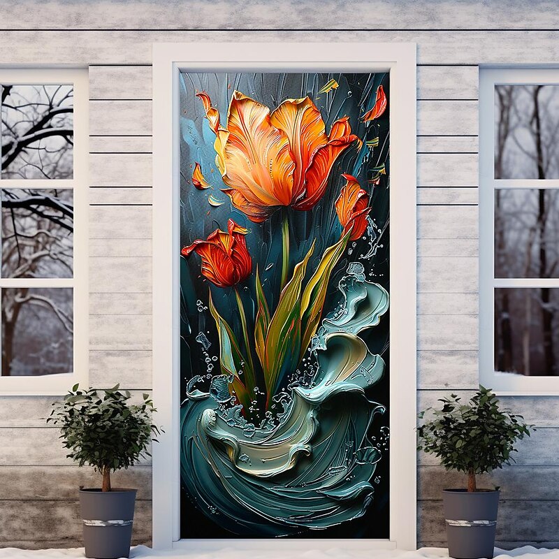 3D Flowers Door Covers Mural Decor Door Tapestry Door Curtain Decoration Backdrop Door Banner Removable for Front Door Indoor Outdoor Home Room Decoration Farmhouse Decor Supplies4