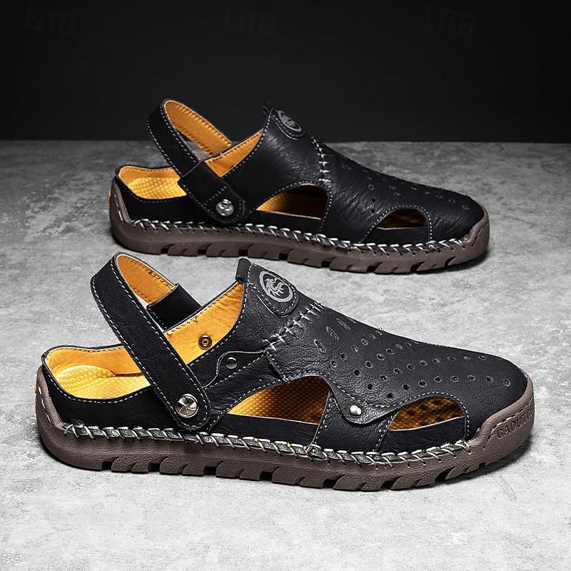 Men's Leather Sandals Handmade Shoes Closed Toe Sandals Walking Casual Daily Beach  Comfortable Slip-on Black Yellow Khaki Spring Fall2