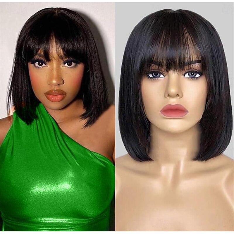 Remy Human Hair Wig Short Straight Silky Straight Bob Short Bob Neat Bang With Bangs Natural Color Soft Easy dressing Best Quality Machine Made Brazilian Hair Women's Black 10 inch 12 inch 14 inch