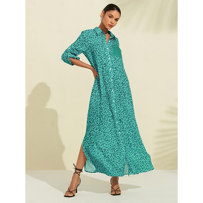 Women's Shirt Dress Print Dress Maxi Dress Blue Green Leopard prints Roll up Sleeves Sequin Summer Shirt Collar Leopard Print S M L2