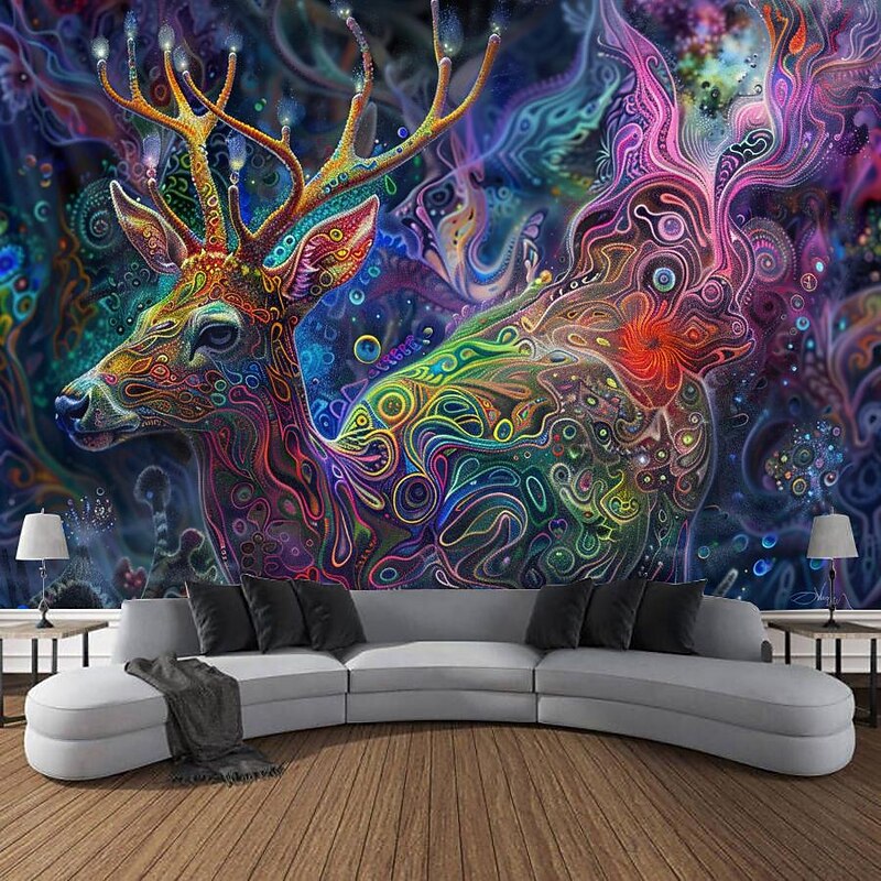 Blacklight Tapestry UV Reactive Glow in the Dark Glow Party Neon Deer Animals Psychedelic Trippy Misty Hanging Tapestry Wall Art Mural for Living