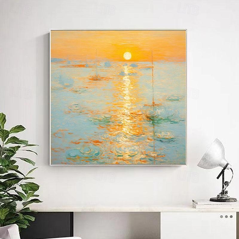Monet Impressionist Landscape Sunrise On The Sea Hand-painted Oil Painting Cream Style Living Soom Decoration Picture Entrance Square Hanging Paintings (No Frame)2