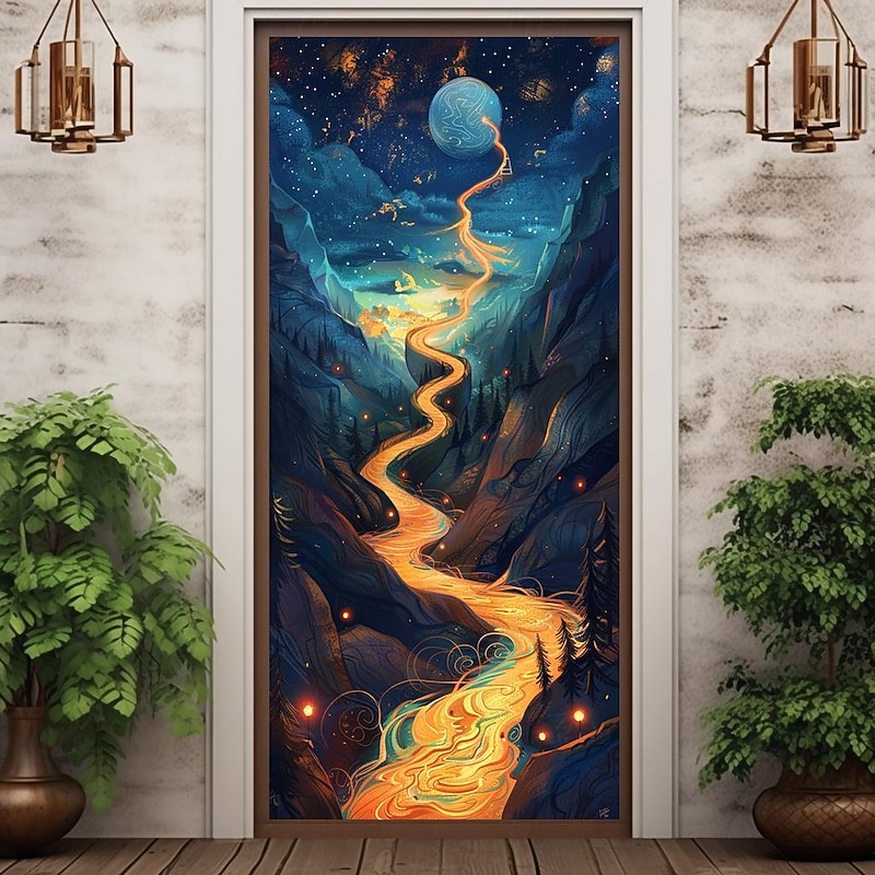Fantasy Planet River Door Covers Mural Decor Door Tapestry Door Curtain Decoration Backdrop Door Banner Removable for Front Door Indoor Outdoor Home Room Decoration Farmhouse Decor Supplies