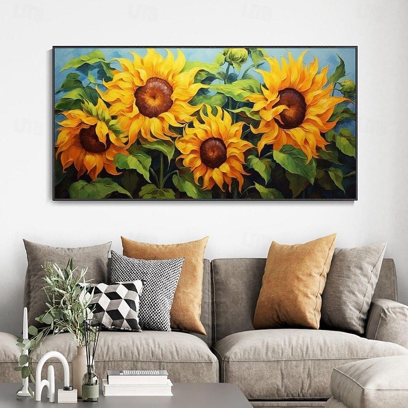 Large Size Handmade Oil Painting Canvas Wall Art Decoration 3D Palette Knife Sunflower Flowers for Home Decor Rolled Frameless Unstretched Painting