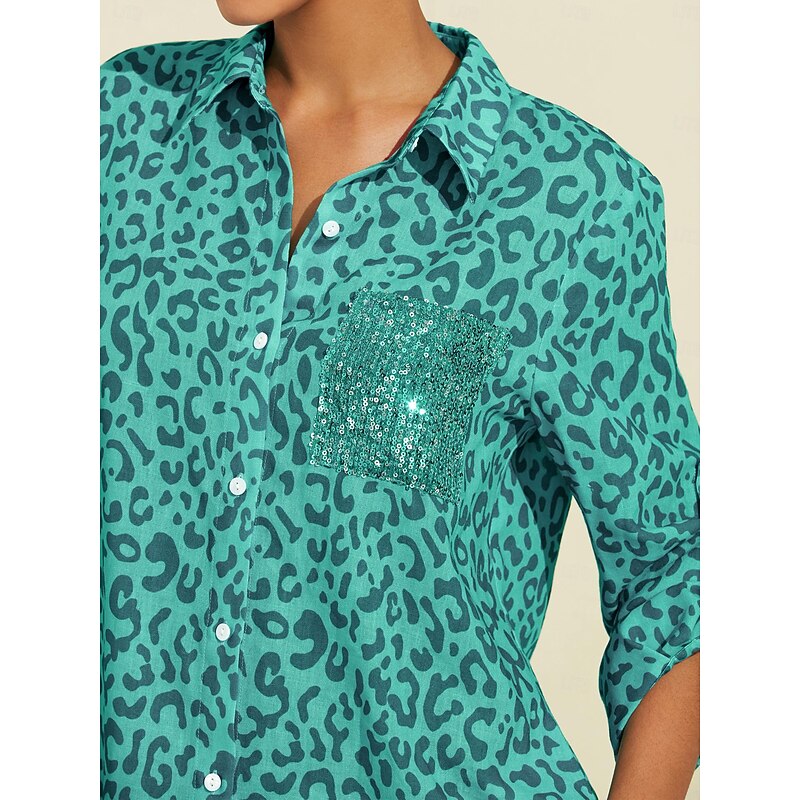 Women's Shirt Dress Print Dress Maxi Dress Blue Green Leopard prints Roll up Sleeves Sequin Summer Shirt Collar Leopard Print S M L4