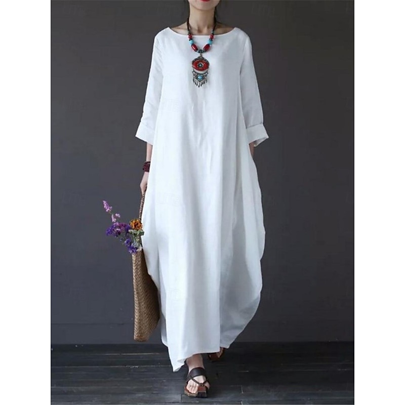 Women's Black White Red Summer Spring Maxi Dress Linen-Inspired Dresses White Dress Cotton Linen Dress Casual Daily Weekend Loose Fit Plain Crew Neck