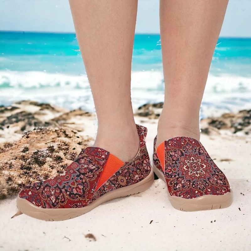 Women's Sneakers Flats Slip-Ons Print Shoes Slip-on Sneakers Daily Vacation Travel Floral National Totem Flat Heel Bohemia Vacation Casual Walking Canvas Loafer Yellow Red Blue