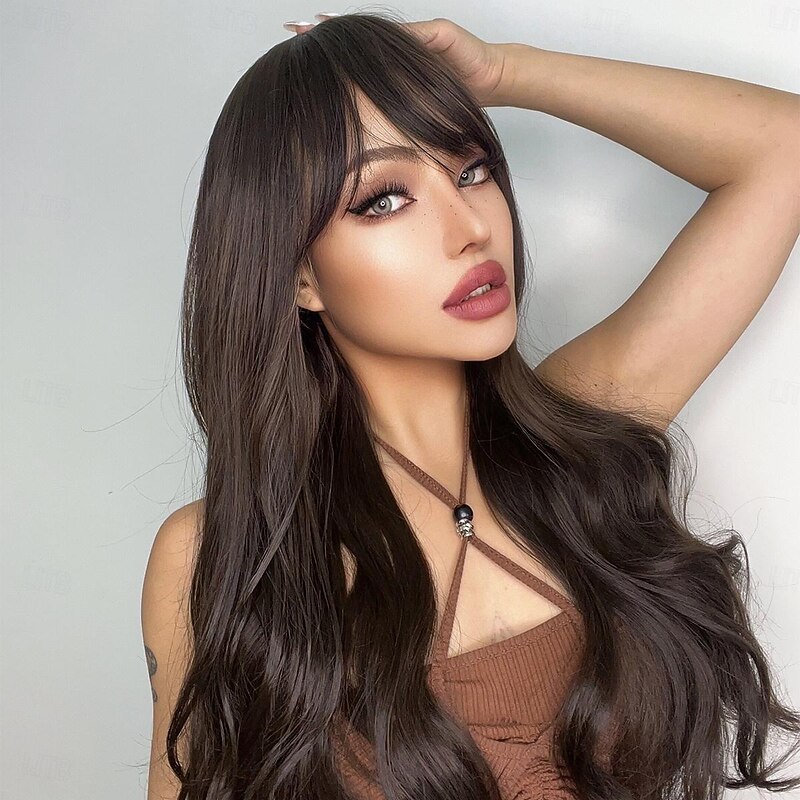 Synthetic Wig Uniforms Career Costumes Princess Wavy Bouncy Curl Middle Part Layered Haircut With Bangs Machine Made Wig 26 inch Dark Brown Synthetic Hair Women's Cosplay Party Fashion Natural Black3