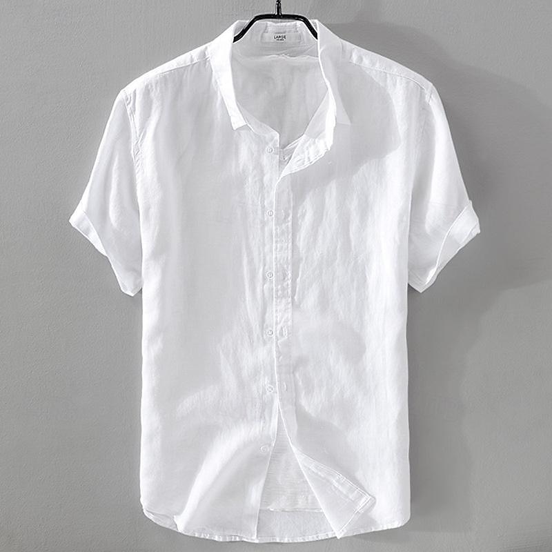 Men's Shirt Linen Shirt Casual Shirt Cotton Shirt Plain Vacation Street Black White Pink Blue Short Sleeve Turndown Summer Clothing Apparel Button-Down