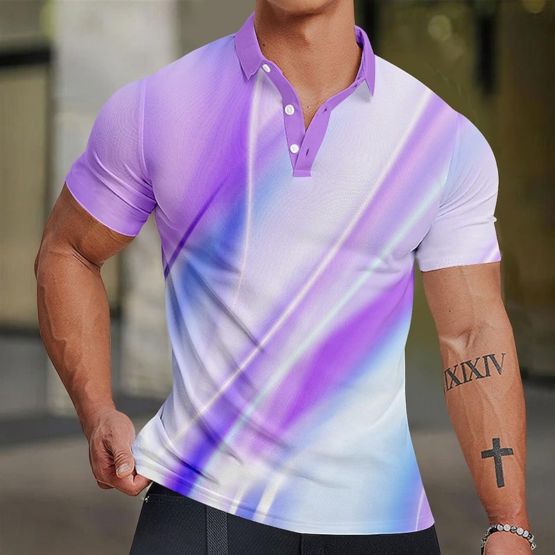 Men's Geometric Hawaiian Polo Shirts Golf Shirt Short Sleeve Polo Shirts Collared Shirts Casual Beach Wear Vacation Wear Party Outfits Buttons 3D Print Spring & Summer Blue Light Purple Purple4