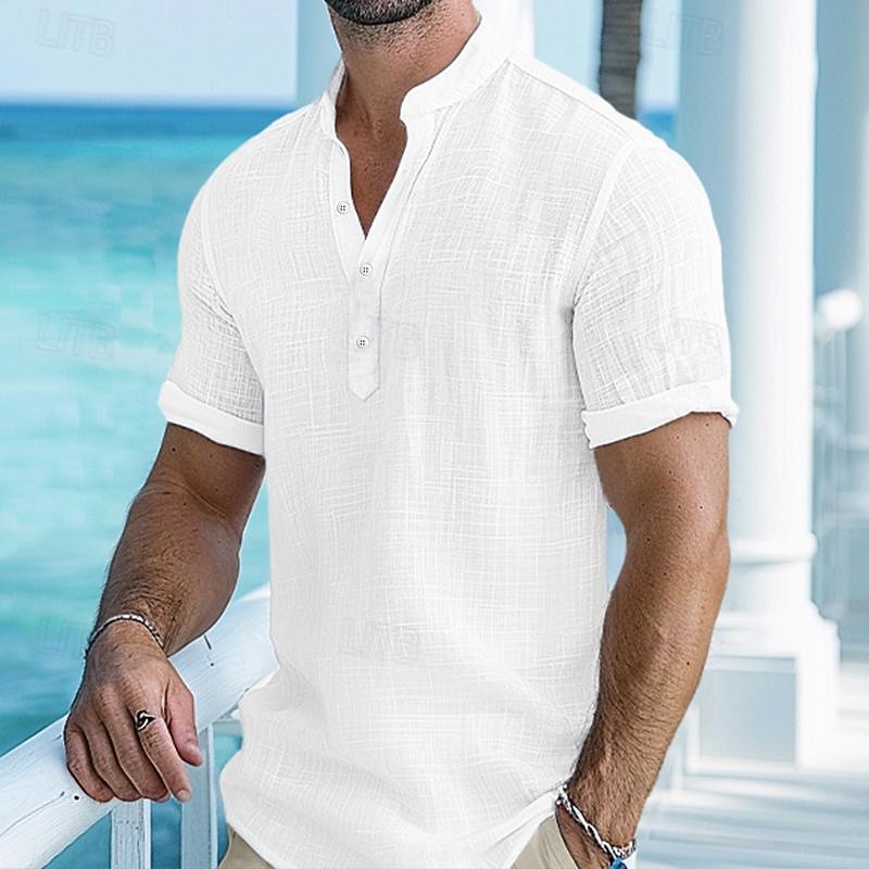 Men's Shirt Linen Shirt Band Collar Shirt Popover Shirt Summer Shirt Beach Wear Plain Vacation Curise White Blue Orange Short Sleeve Band Collar Summer Clothing Apparel