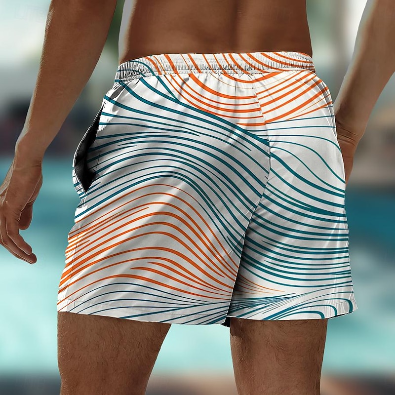 Men's Geometric Pattern Colorful Line Swim Shorts Board Shorts Swimming Trunks Mid Waist Hawaiian Casual Holiday Beach Drawstring with Mesh lining Elastic Waist Designer Clothing Apparel2