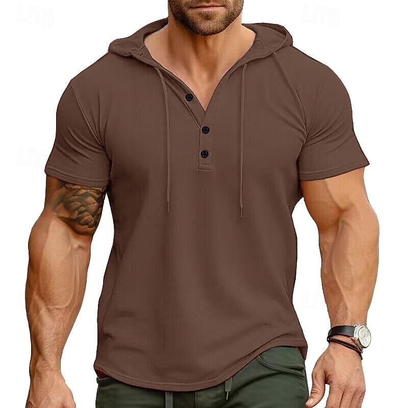 Men's Henley Shirt Tee Top Plain Hooded Street Vacation Short Sleeves Clothing Apparel Fashion Designer Basic