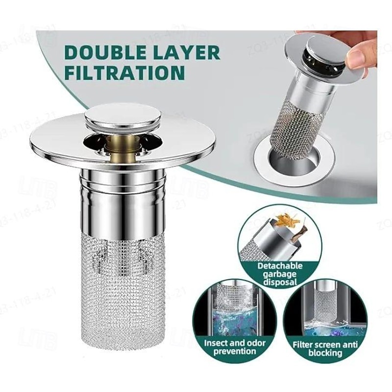 Bathroom Sink Drain Strainer, Pop Up Sink Drain Filter with Removable Stainless Steel Filter Basket Hair Catcher, Bathroom Sink Drain Stopper, for Us Bathroom Sink Stopper Replacement