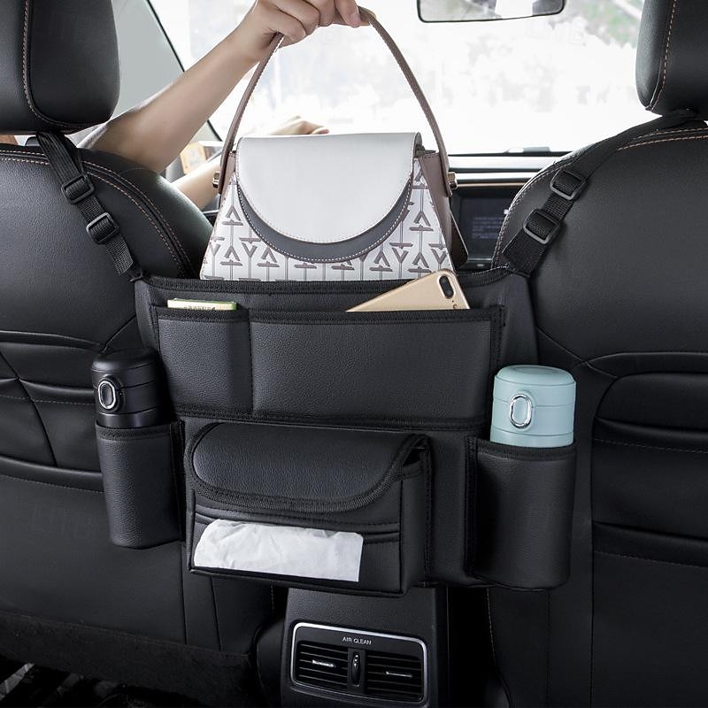 Car Storage Pocket Between Seats with Cup Holder,Car Purse Holder,Car Tissue Holder, Leather Large Bag Purse Holder for Car Front Seat, Multipurpose Car Pocket Handbag Storage Organizer