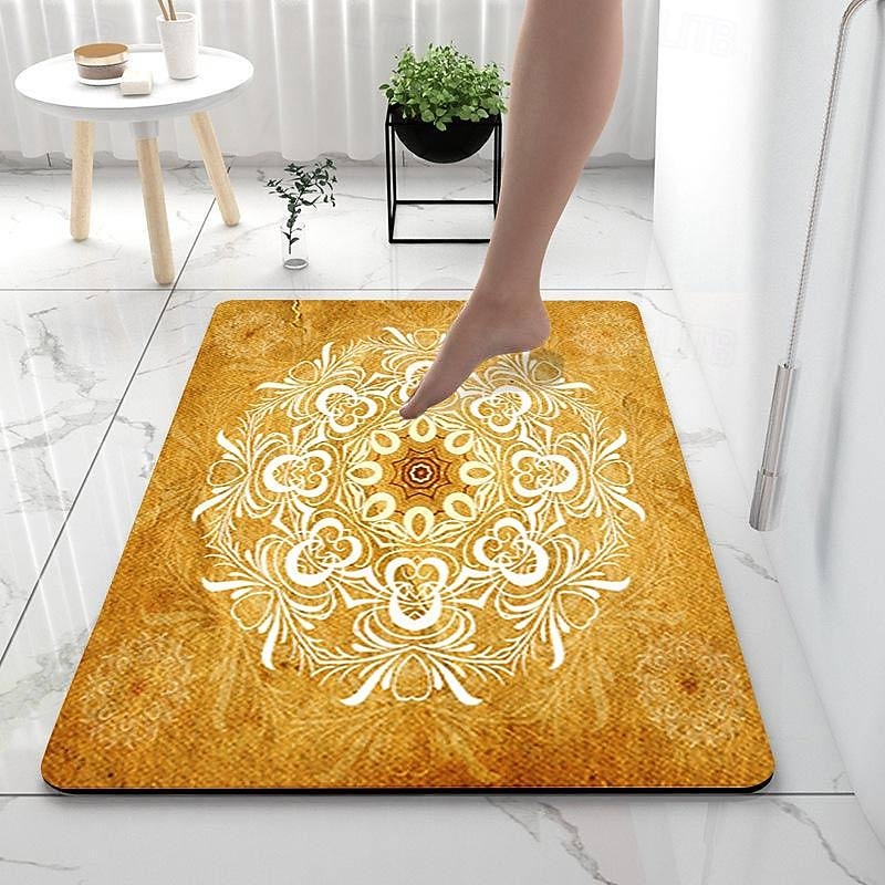 Spike Retro Flowers Bathroom Deco Diatomaceous Earth Bath Mat Soft Mat Rubber Anti-Slip Fast Dry Super Absorbent Thin Bathroom Mat for Under Door - Bathroom Floor Mat Rug Bathtub Front Shower Mat Sink2
