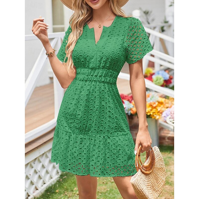 Women's White Dress Mini Dress Lace Eyelet Vacation Casual Split Neck Short Sleeve Black White Yellow Color 7