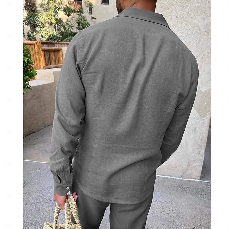 Men's Linen Shirt Casual Shirt Beach Shirt Plain Hawaiian Holiday Gray Long Sleeve Henley Spring & Summer Clothing Apparel2