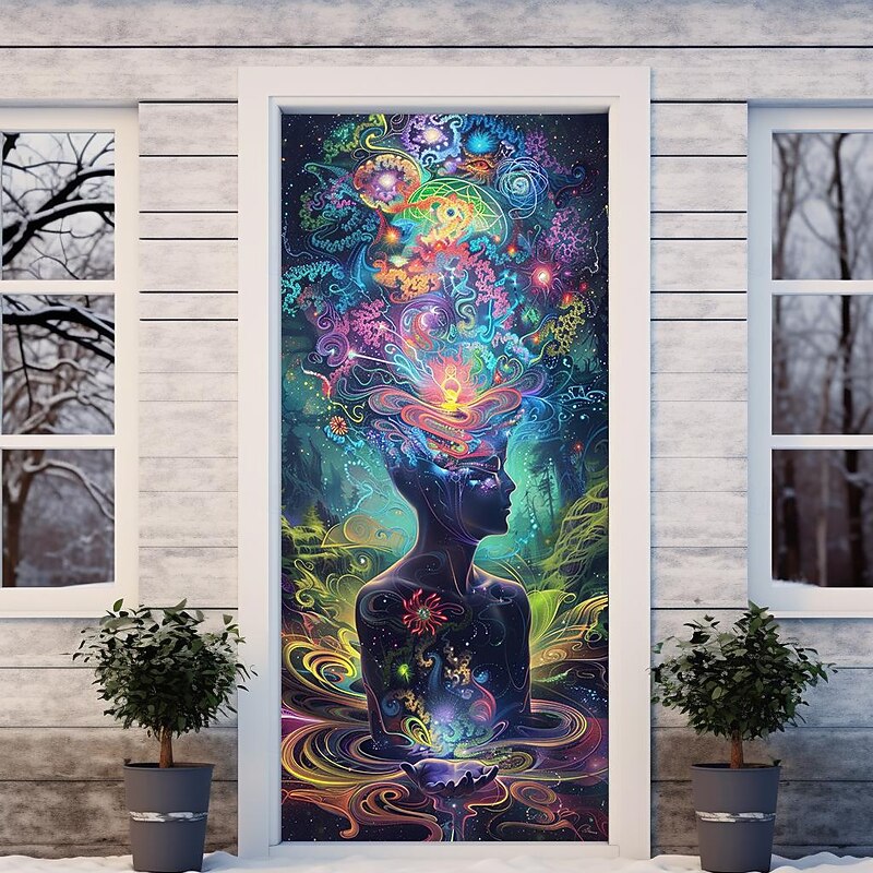 Psychedelic Trippy Door Covers Mural Decor Door Tapestry Door Curtain Decoration Backdrop Door Banner Removable for Front Door Indoor Outdoor Home Room Decoration Farmhouse Decor Supplies4