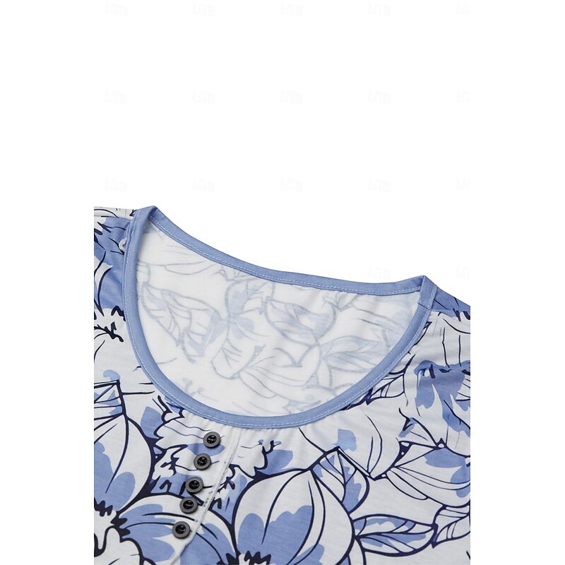 Women's T Shirt Floral Basic Short Sleeve Round Neck Regular Tops Holiday Weekend Buttons Print Pink Navy Blue Blue4