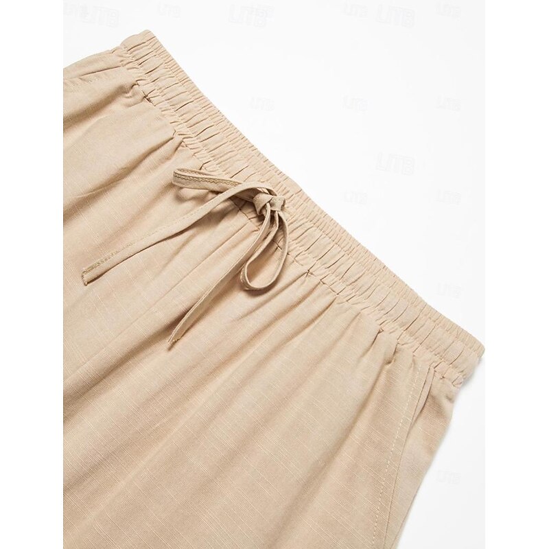 Men's Linen Pants Trousers Summer Pants Drawstring Elastic Waist Plain Comfort Soft Daily Beach Fashion Simple Khaki Micro-elastic4