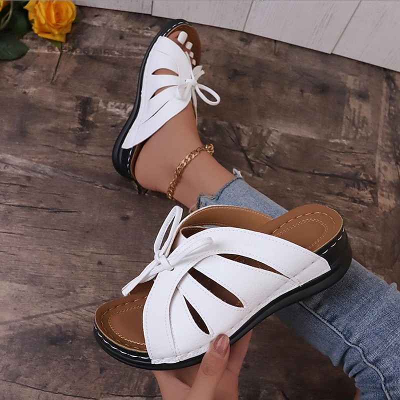 Women's White Open-Toe Comfort Sandals with Cutout Design and Bow Tie, Soft Sole Casual Flats for Summer Walking and Daily Wear3
