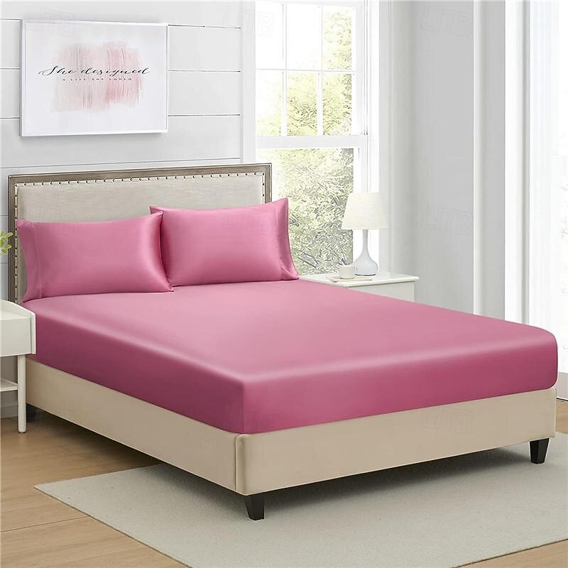 Cooling Satin Fitted Sheet Solid Color Mattress Cover with Elastic Band Bedsheet Single Double Queen King Size Fit Sheet4