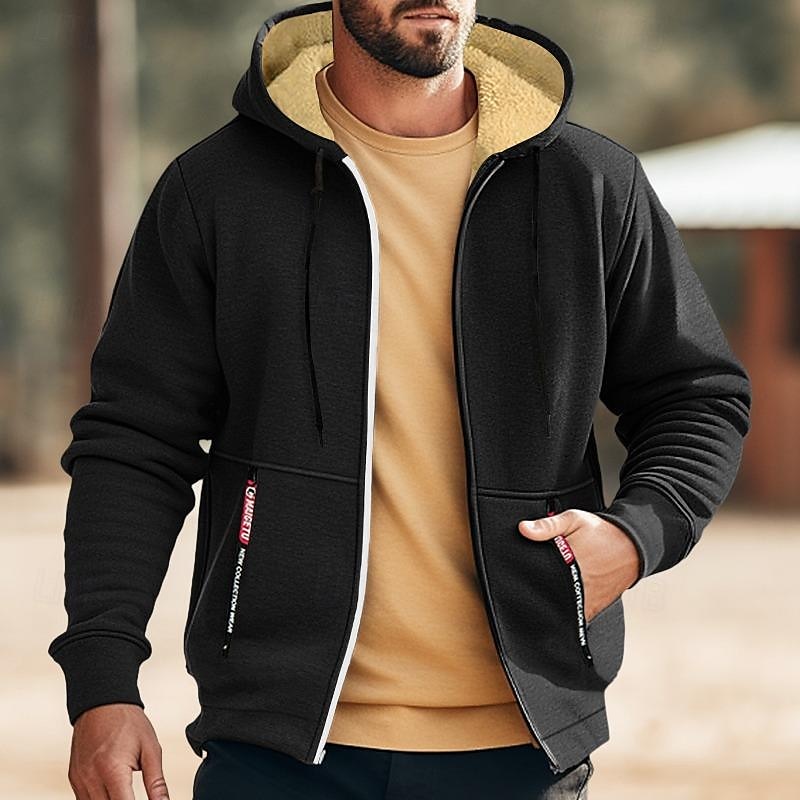 Men's Double Layer Fleece Hooded Jacket Sweat Jacket Black White Wine Army Green Navy Blue Hooded Solid Color Zipper Cool Casual Essential Winter Clothing Apparel Hoodies Sweatshirts  Long3