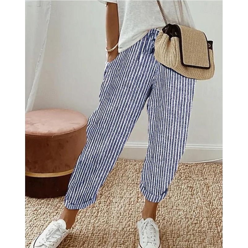 Women's Pants Trousers Casual Daily Ankle-Length Striped Drawstring Side Pockets Breathability Comfortable Inelastic Weekend Black Spring & Summer Regular Fit4