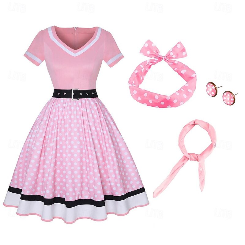 1950s Vintage Inspired Grease Outfits Flare Dress Fancy Dress Women's Date Party & Evening Bachelorette Party Silk Scarf Dress Earrings All Seasons2