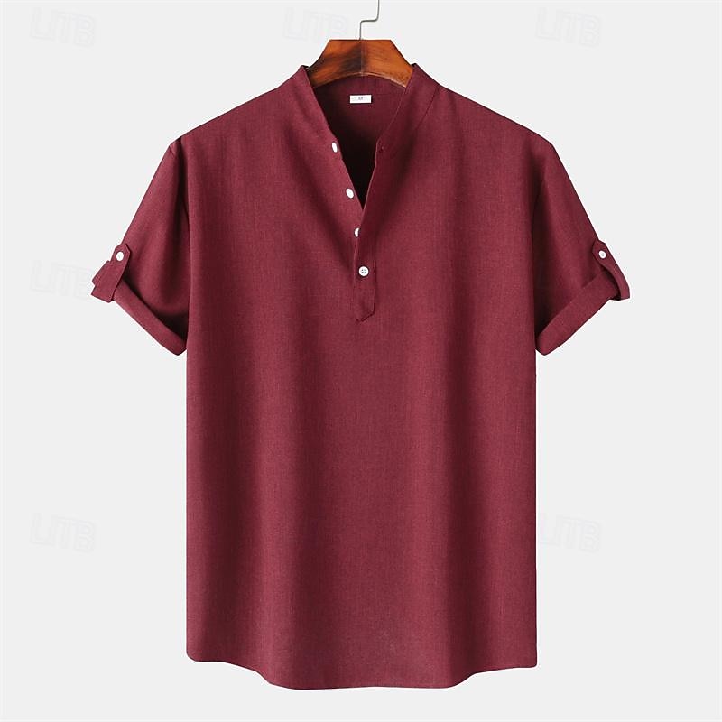 Men's Shirt Linen Shirt Chinese Collar Shirt Mandarin Collar Shirt Casual Shirt Cotton Shirt Plain Vacation Street Black Yellow Light Green Pink Short Sleeve Band Collar Summer Clothing Apparel 13