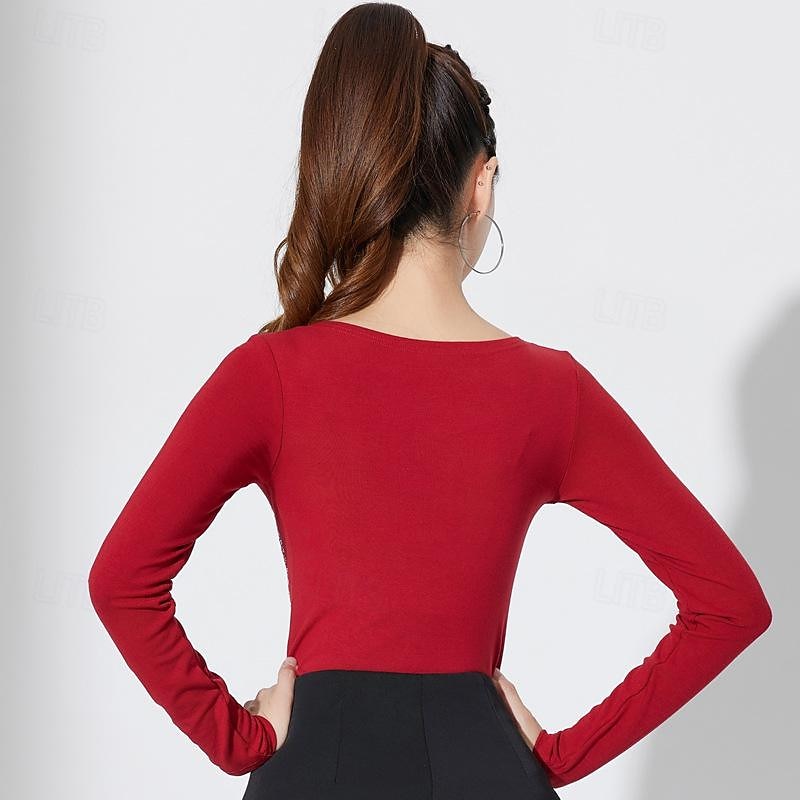 Latin Dance Ballroom Dance Top Pure Color Splicing Crystals / Rhinestones Women's Performance Training Long Sleeve High Cotton Blend4
