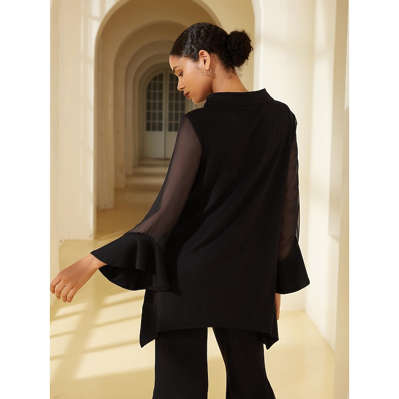 Women's Modal Chiffon Flare Cuff High Neck Long Sleeve Blouse Pants Set Date Elegant Daily Wear2