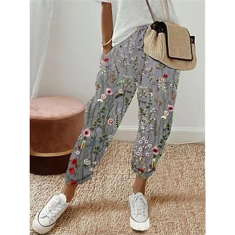 Women's Chinos Pants Trousers Streetwear Casual Long High Waist Floral Stripe Pocket Elastic Drawstring Design High Cut Breathability Soft Micro-elastic Vacation Street Daily Wear White Blue Khaki2