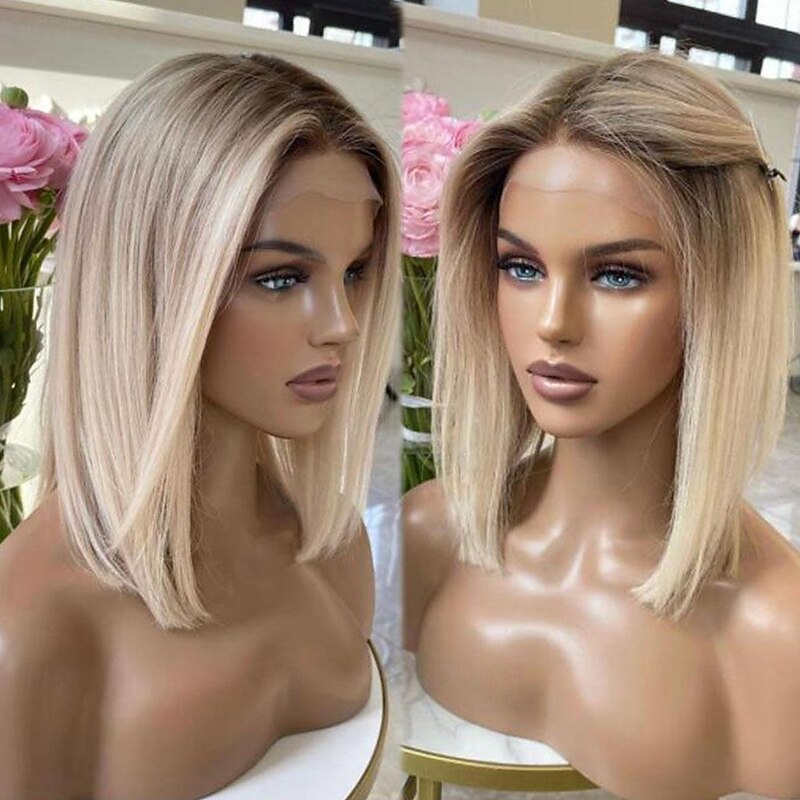 Remy Human Hair 13x4 Lace Front Wig Short Bob Brazilian Hair Straight Multi-color Wig 130% 150% Density with Baby Hair Ombre Hair 100% Virgin Pre-Plucked For Women Long Human Hair Lace Wig4