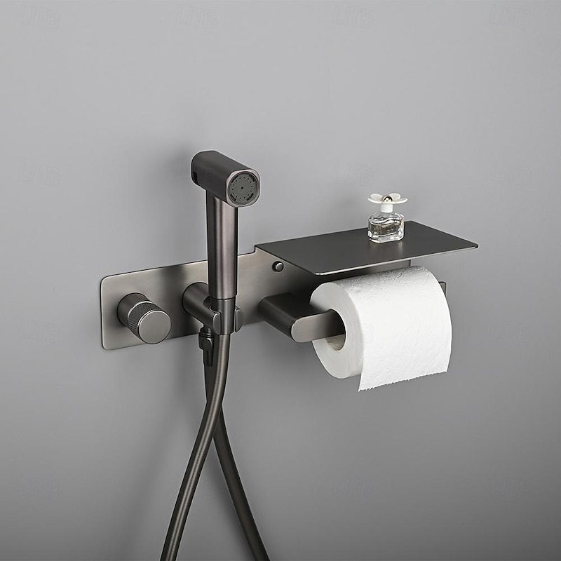 Brushed Gold Bidet Sprayer Concealed Button Brass Valve with Commodity Shelf Paper Holder Plastic Sprayer PVC Hose Grey3