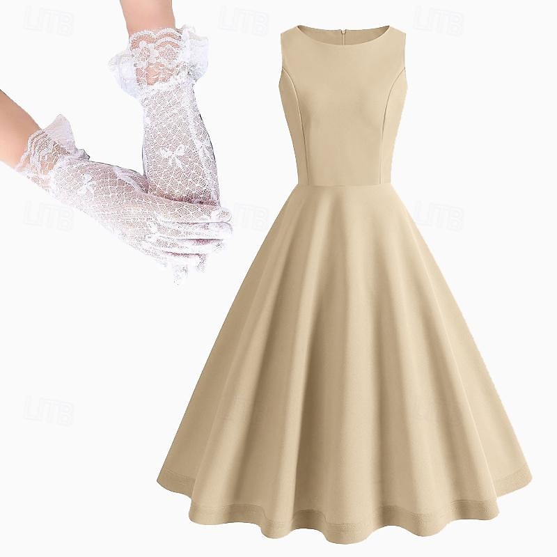 Retro Vintage 1950s Midi Dress Gloves Cocktail Dress Solid Color A-Line Fancy Dress Women's Valentine's Day Masquerade Masquerade Date Party / Cocktail Adults' Dress Gloves Homecoming Dresses3