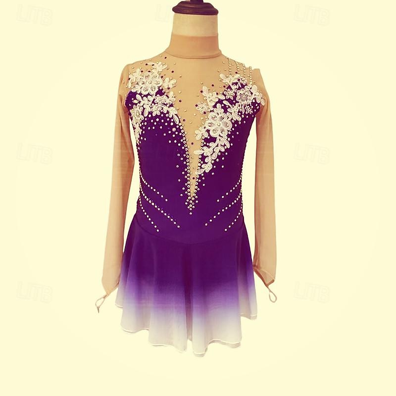 Figure Skating Dress Women's Girls' Ice Skating Dress Blue Fuchsia Thumbhole Halo Dyeing Mesh Spandex Stretchy Training Practice Professional Skating Wear Thermal Warm Classic Crystal / Rhinestone3