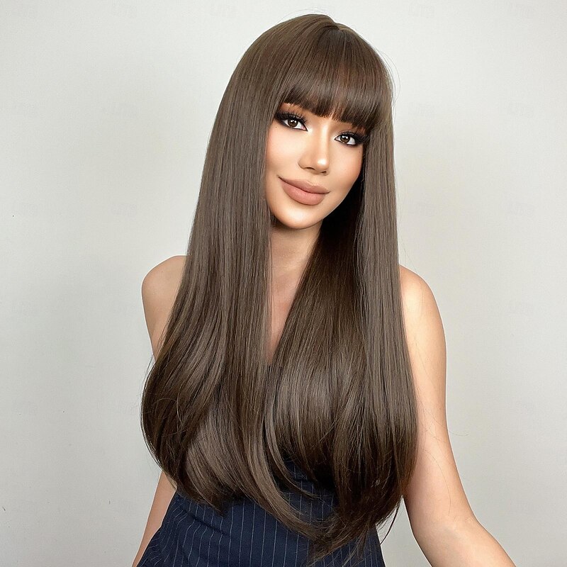 Synthetic Wig Uniforms Career Costumes Princess Straight kinky Straight Layered Haircut With Bangs Machine Made Wig 26 inch Dark Brown Synthetic Hair Women's Cosplay Party Fashion Brown2