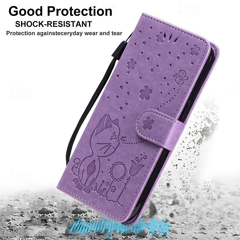 Phone Case For Samsung Galaxy S25 S24 S23 S23 FE S22 S21 Ultra Plus A55 5G A35 5G A25 A15 Wallet Case Magnetic Full Body Protective with Wrist Strap Cat Bee TPU PU Leather3