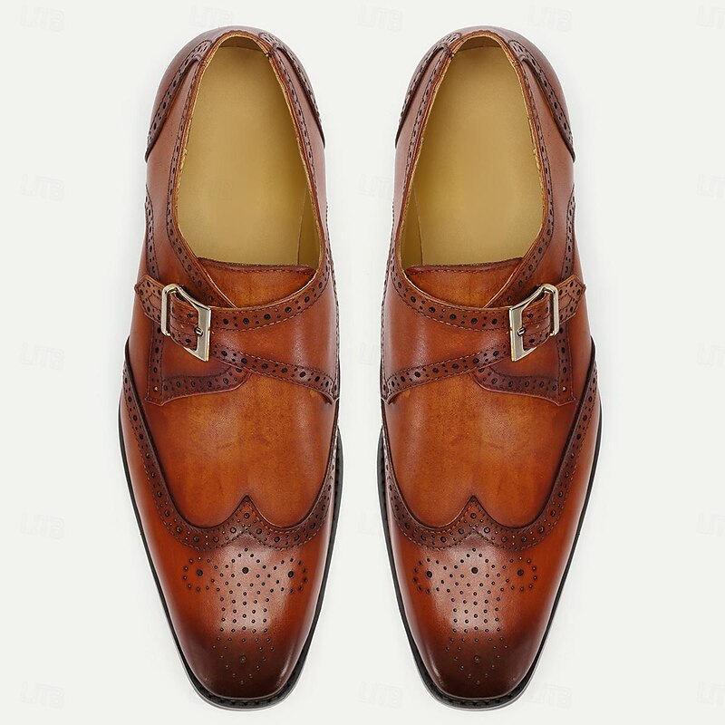 Men's Monk Strap Shoes Black Brown Tan Leather Brogue Buckle4