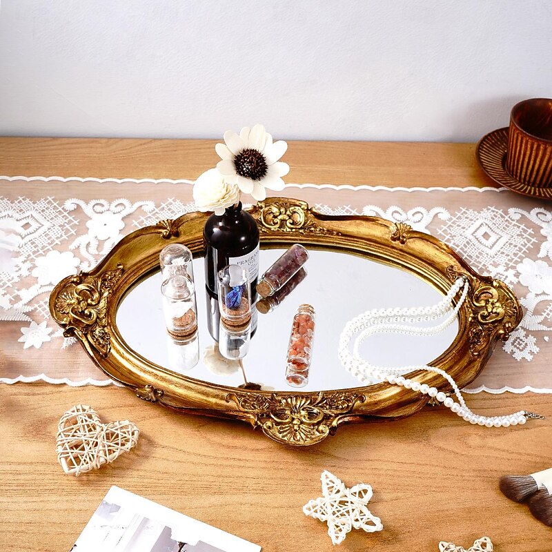 Vintage Oval Mirror Decorative Tray – Antique Copper Resin Makeup Vanity Organizer, Classic Palace Style Desktop Display, Photography Prop & Decor