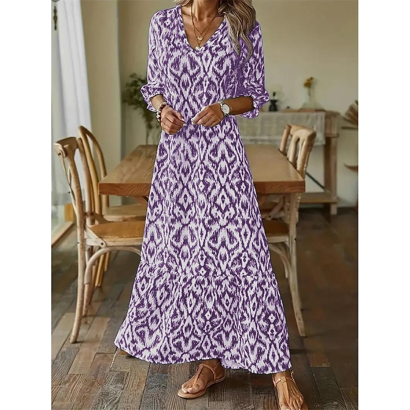 Women's Maxi Dress Bohemian Blue White Ikat Print V-neck Long Sleeve Flowing Beach Casual Social Holiday Full Sizes Comfortable Light Fabric4